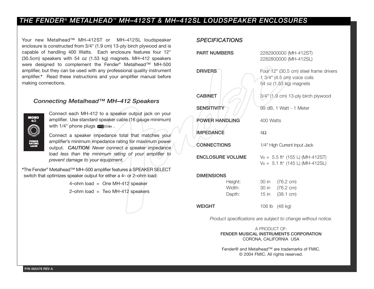 Fender MH412ST User Manual | 1 page