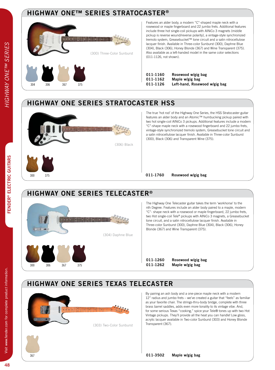 Highway one series telecaster, Highway one series stratocaster hss, Highway one series texas telecaster | Highway one™ series stratocaster, Highw ay one™ series | Fender Artist series StratoCaster User Manual | Page 13 / 24