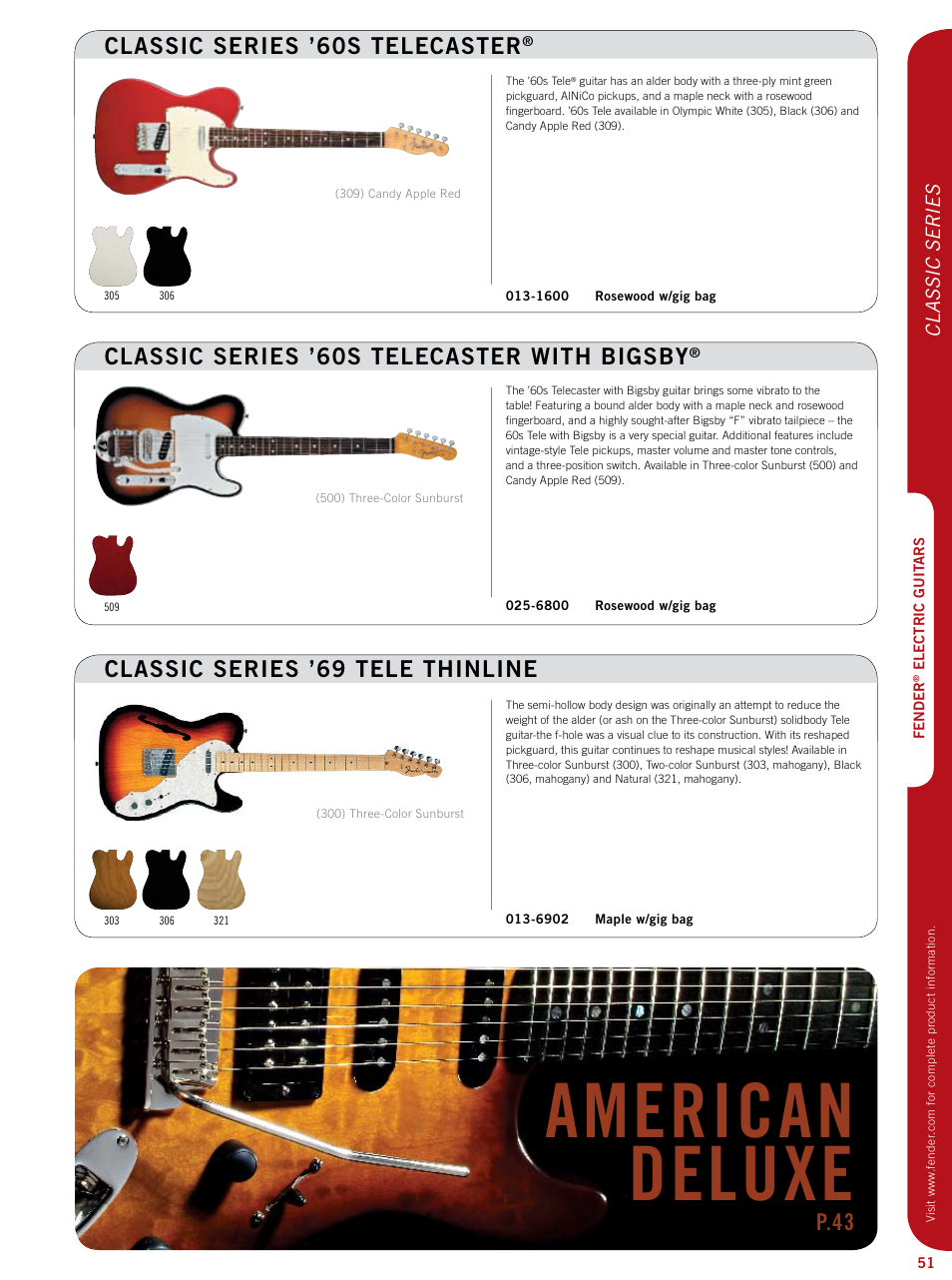 American deluxe, Classic series ’69 tele thinline, Classic series ’60s telecaster with bigsby | Classic series ’60s telecaster, P.43, Classic series | Fender Artist series StratoCaster User Manual | Page 16 / 24