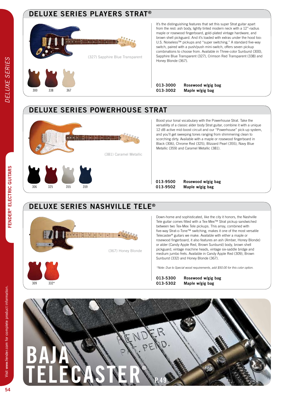 Baja telecaster, Deluxe series nashville tele, Deluxe series powerhouse strat | P.49 deluxe series players strat, Deluxe series | Fender Artist series StratoCaster User Manual | Page 19 / 24