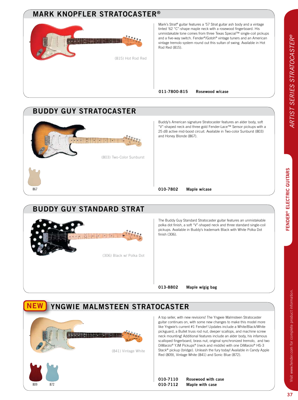 Buddy guy stratocaster, Mark knopfler stratocaster, Buddy guy standard strat | New yngwie malmsteen stratocaster, Ar tist series stra tocaster | Fender Artist series StratoCaster User Manual | Page 2 / 24