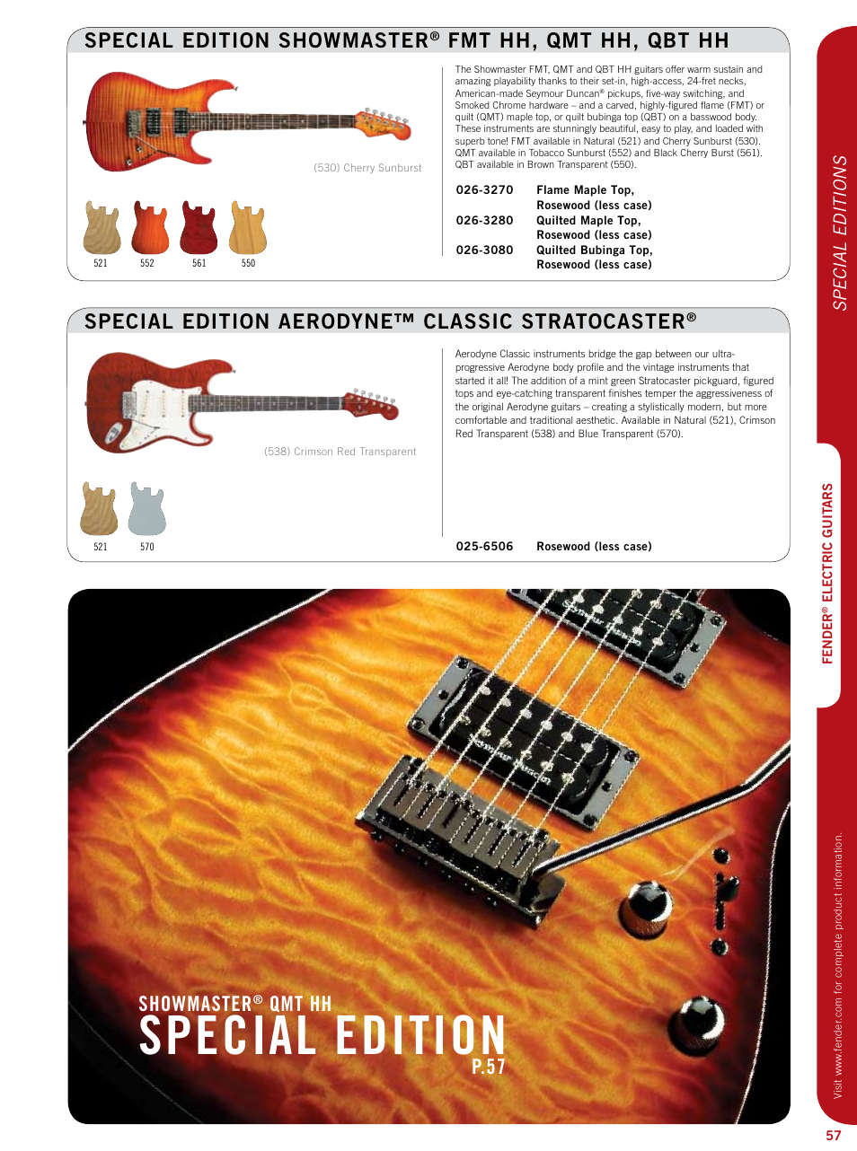 Special edition, Special edition showmaster, Fmt hh, qmt hh, qbt hh | Special edition aerodyne™ classic stratocaster, Showmaster, Qmt hh, P.57, Special editions | Fender Artist series StratoCaster User Manual | Page 22 / 24