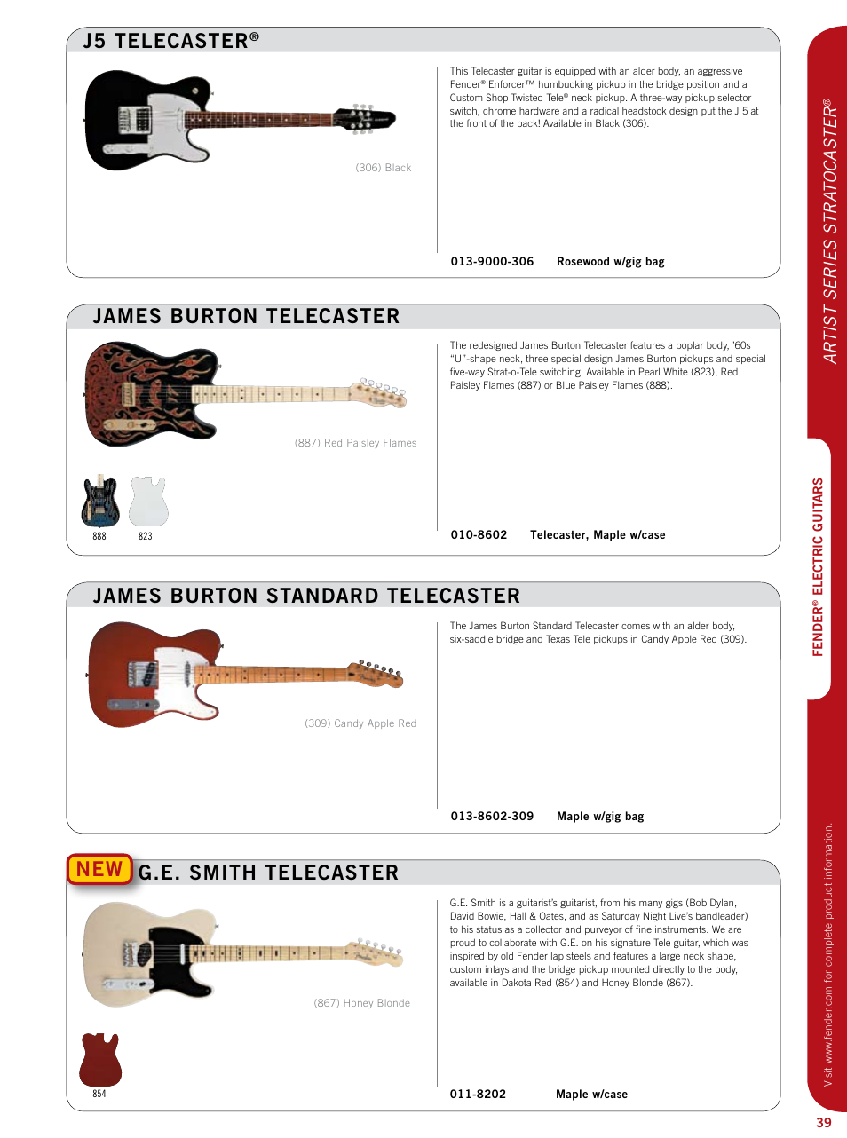 J5 telecaster, James burton telecaster, James burton standard telecaster | New g.e. smith telecaster, Ar tist series stra tocaster | Fender Artist series StratoCaster User Manual | Page 4 / 24