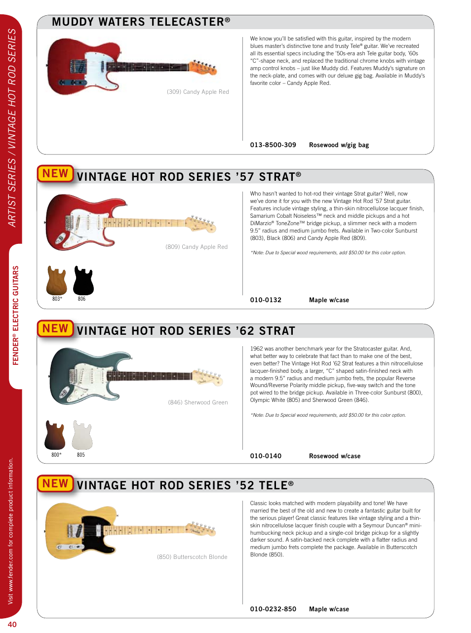 Muddy waters telecaster, New vintage hot rod series ’52 tele, Ar tist series / vint age hot rod series | Fender Artist series StratoCaster User Manual | Page 5 / 24