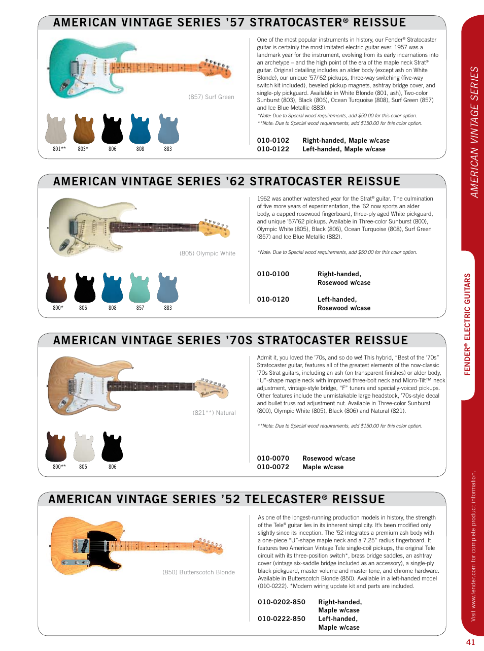 American vintage series ’70s stratocaster reissue, Reissue, American vintage series ’52 telecaster | American vint age series | Fender Artist series StratoCaster User Manual | Page 6 / 24