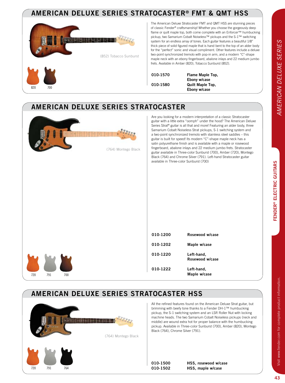 American deluxe series stratocaster hss, American deluxe series stratocaster, Fmt & qmt hss | American deluxe series | Fender Artist series StratoCaster User Manual | Page 8 / 24