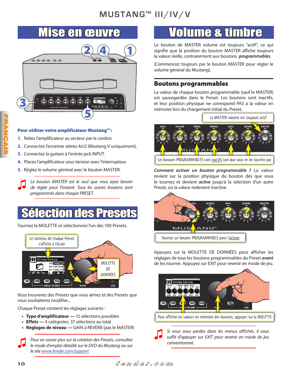 Mise en œuvre, Sélection des presets, Volume & timbre | Mustang, Iii/iv/v | Fender Mustang V User Manual | Page 10 / 20