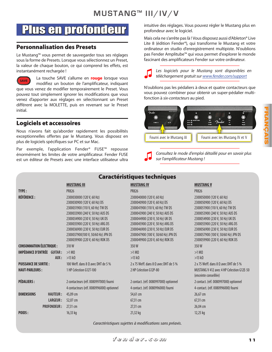Plus en profondeur, Mustang, Iii/iv/v | Personnalisation des presets, Logiciels et accessoires, Caractéristiques techniques | Fender Mustang V User Manual | Page 11 / 20