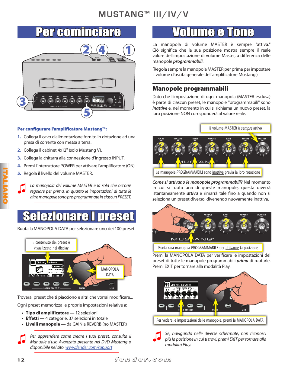 Per cominciare, Selezionare i preset, Volume e tone | Mustang, Iii/iv/v | Fender Mustang V User Manual | Page 12 / 20