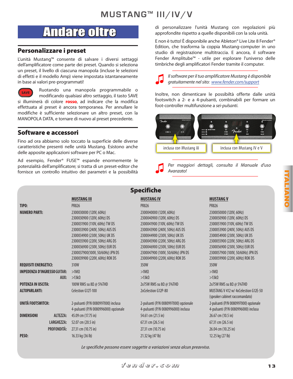 Andare oltre, Mustang, Iii/iv/v | Personalizzare i preset, Software e accessori, Specifiche | Fender Mustang V User Manual | Page 13 / 20