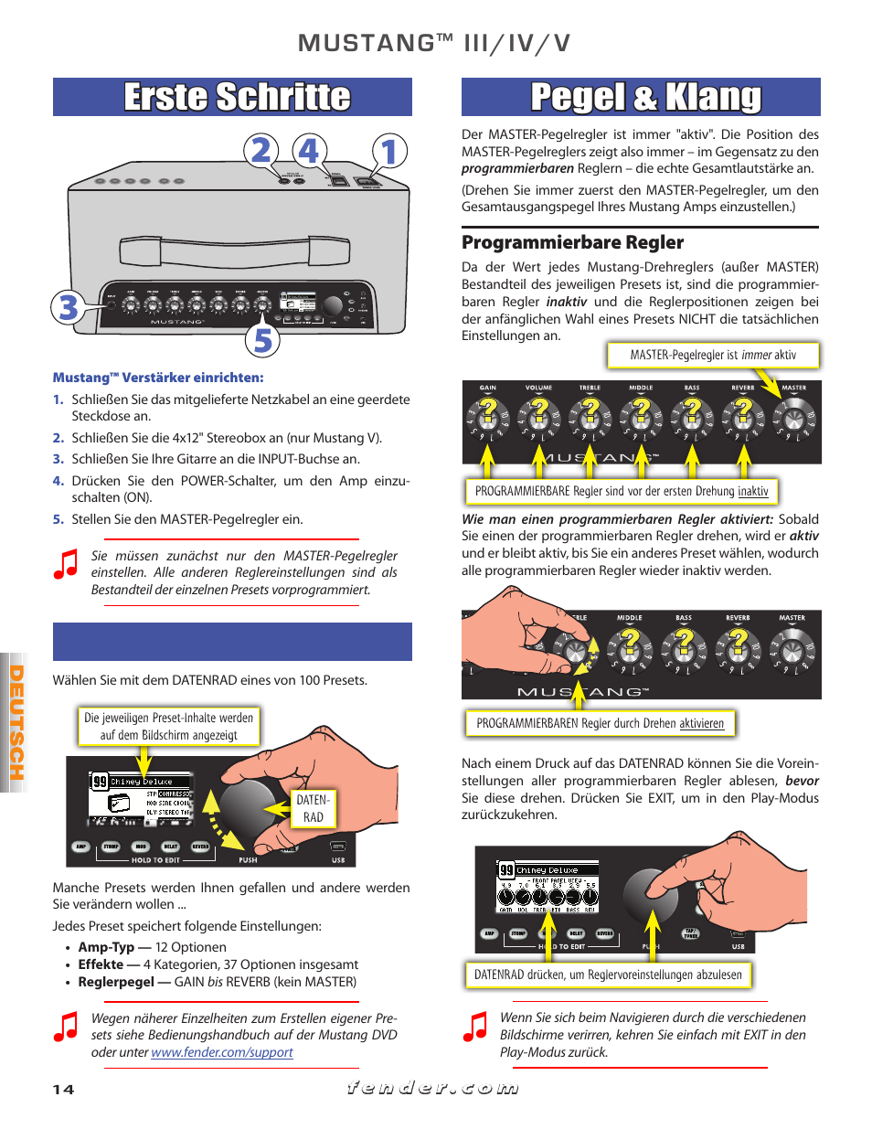 Erste schritte, Pegel & klang, Mustang | Iii/iv/v | Fender Mustang V User Manual | Page 14 / 20