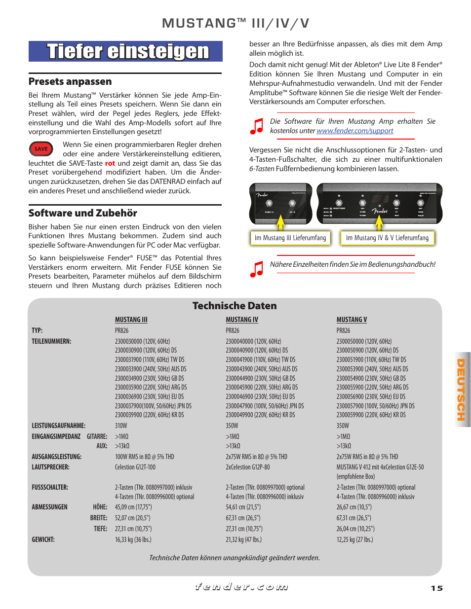 Tiefer einsteigen, Mustang, Iii/iv/v | Presets anpassen, Software und zubehör, Technische daten | Fender Mustang V User Manual | Page 15 / 20
