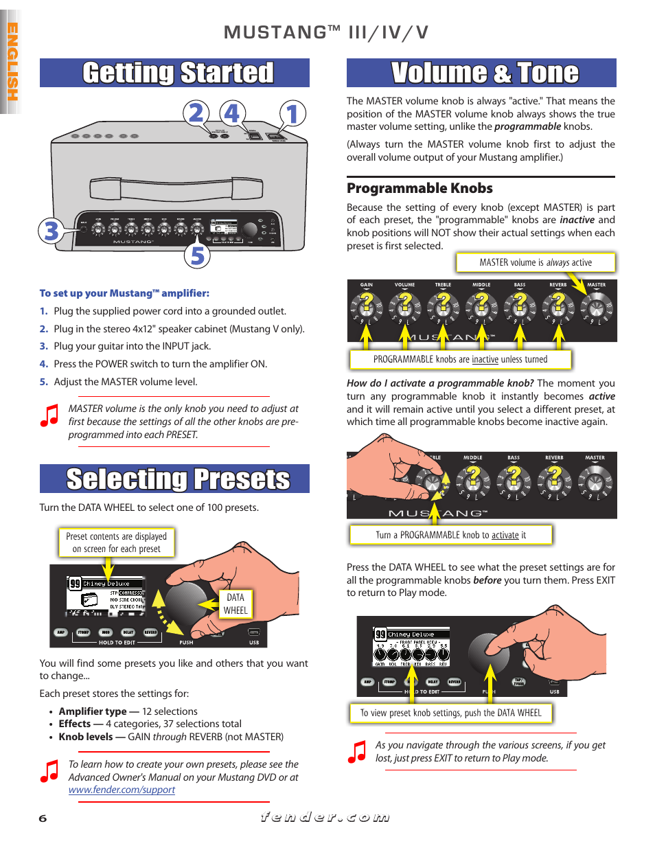 Getting started, Selecting presets, Volume & tone | Mustang, Iii/iv/v | Fender Mustang V User Manual | Page 6 / 20