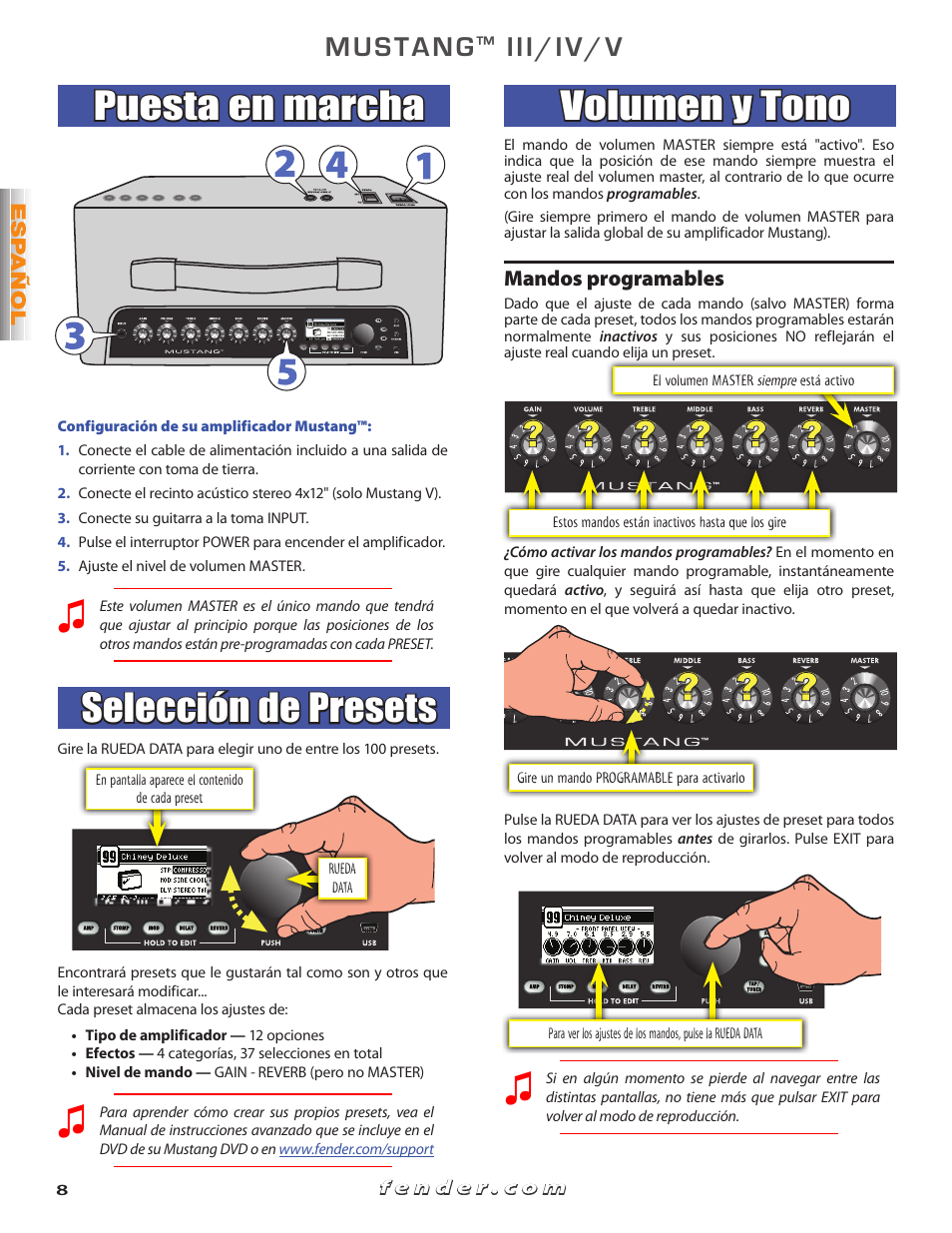 Puesta en marcha, Selección de presets, Volumen y tono | Mustang, Iii/iv/v | Fender Mustang V User Manual | Page 8 / 20