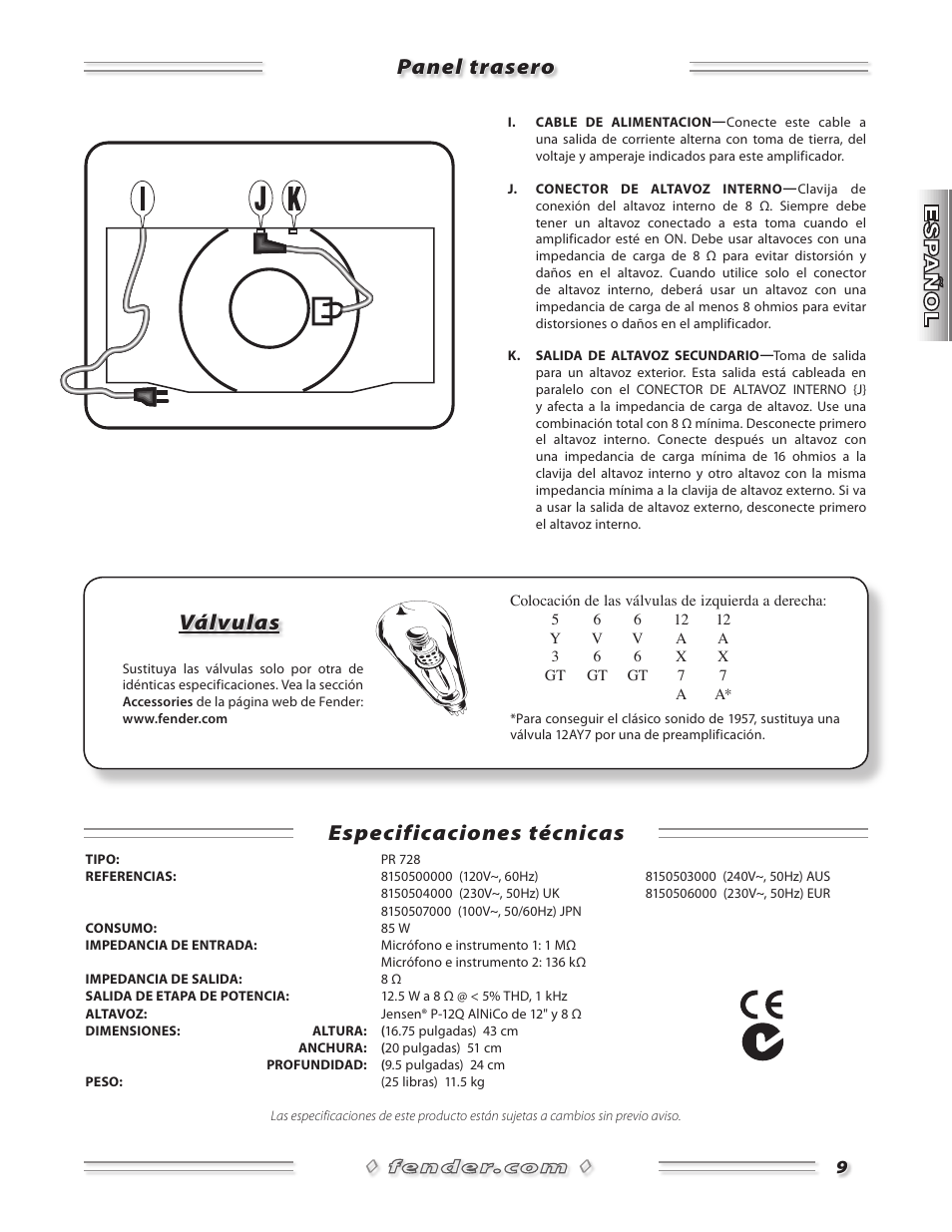 Panel trasero especificaciones técnicas, Válvulas | Fender 57 Amp User Manual | Page 10 / 21