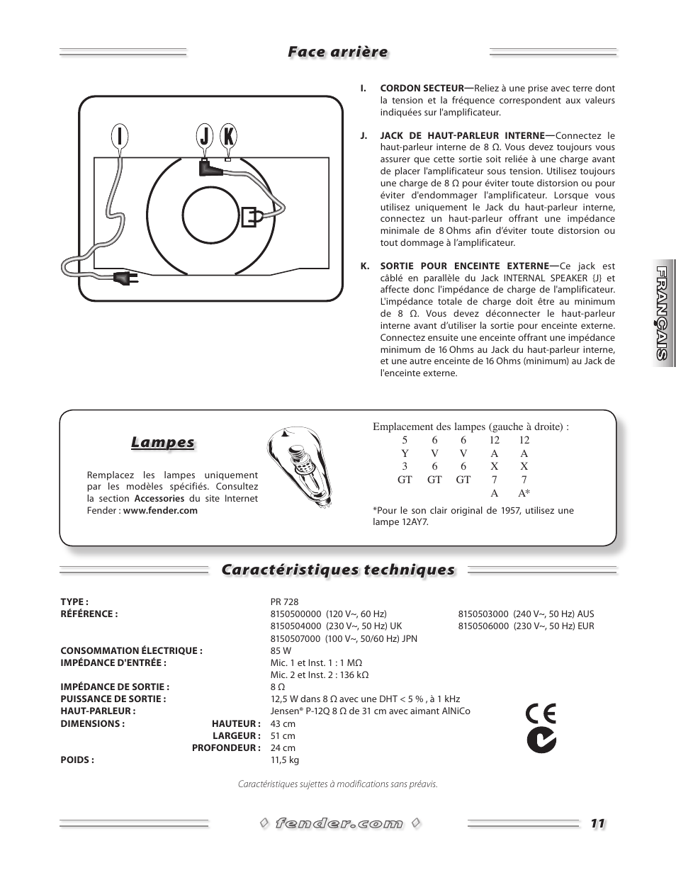 Face arrière caractéristiques techniques, Lampes | Fender 57 Amp User Manual | Page 12 / 21