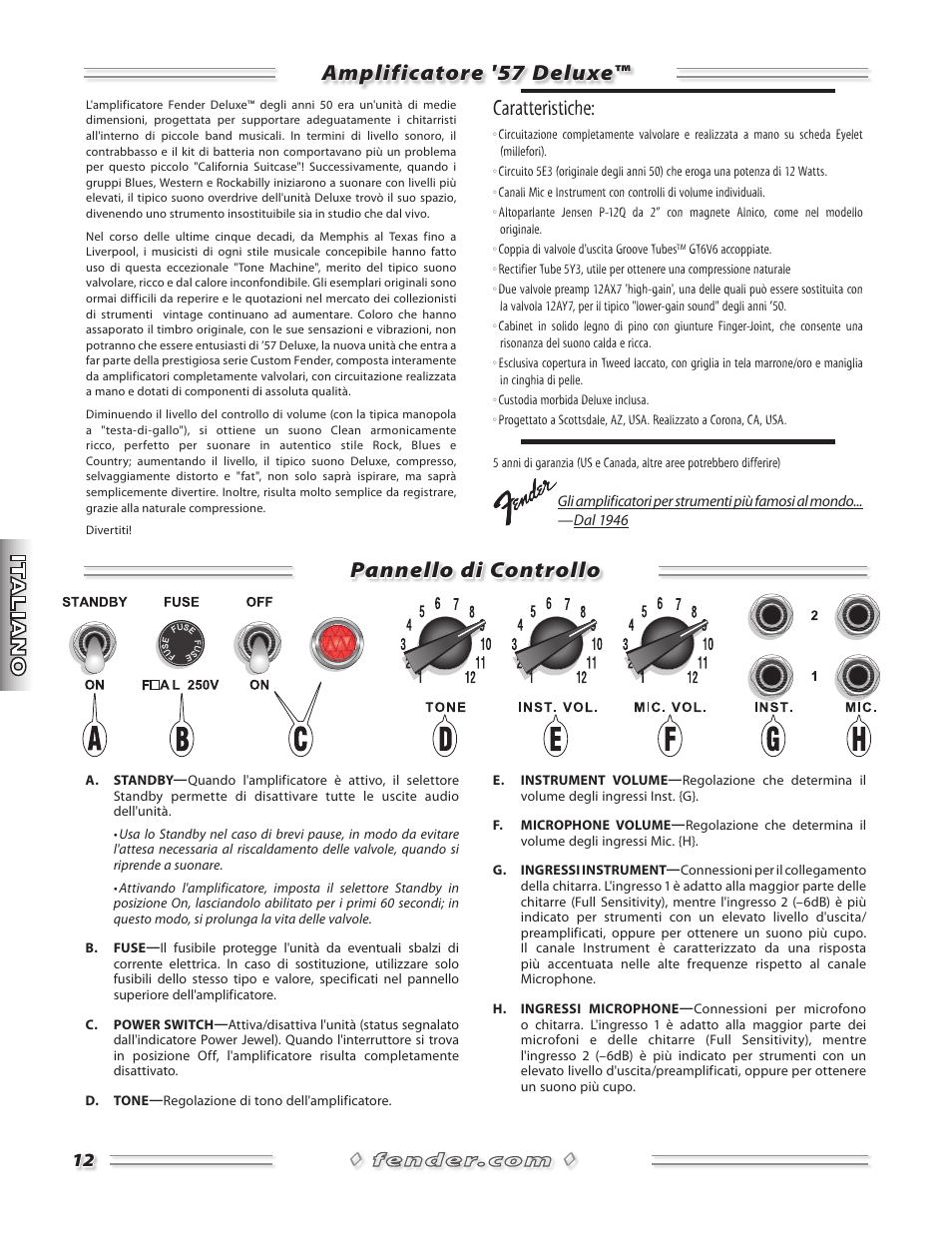 Amplificatore '57 deluxe™ pannello di controllo, Caratteristiche | Fender 57 Amp User Manual | Page 13 / 21