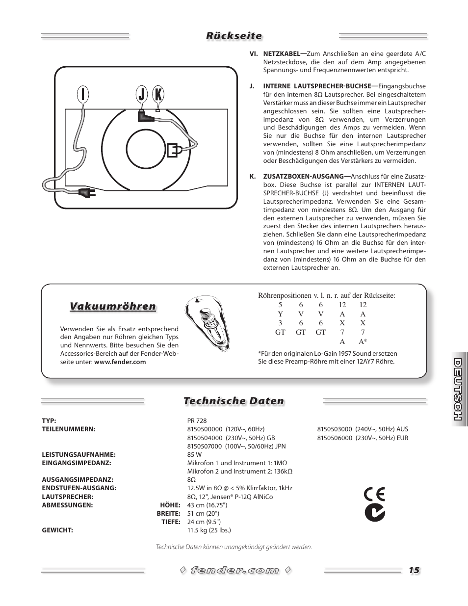 Rückseite technische daten, Vakuumröhren | Fender 57 Amp User Manual | Page 16 / 21