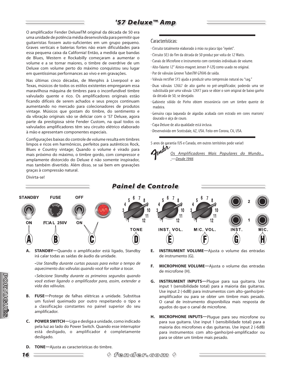 57 deluxe™ amp painel de controle, Características | Fender 57 Amp User Manual | Page 17 / 21