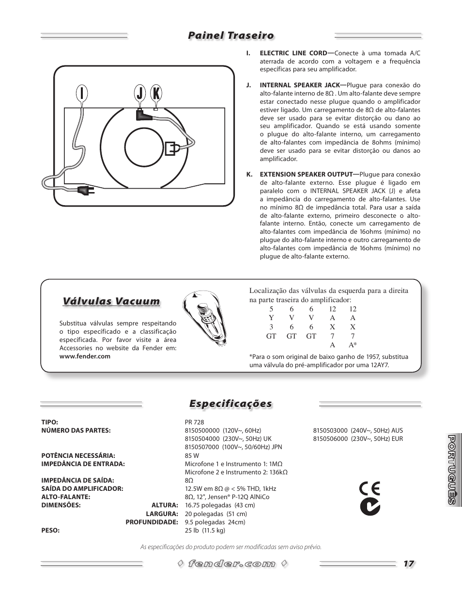 Painel traseiro especificações, Válvulas vacuum | Fender 57 Amp User Manual | Page 18 / 21