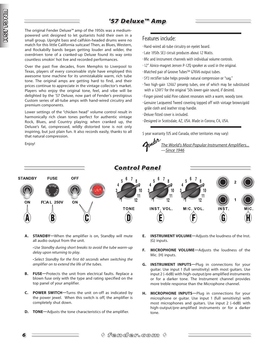 57 deluxe™ amp control panel, Features include | Fender 57 Amp User Manual | Page 7 / 21