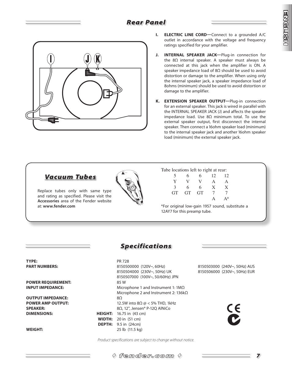 Rear panel specifications, Vacuum tubes | Fender 57 Amp User Manual | Page 8 / 21