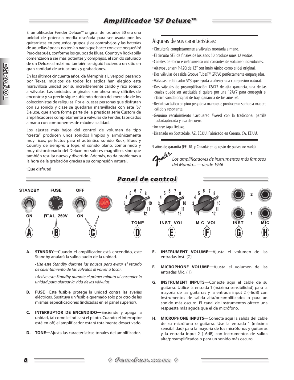 Amplificador '57 deluxe™ panel de control, Algunas de sus características | Fender 57 Amp User Manual | Page 9 / 21