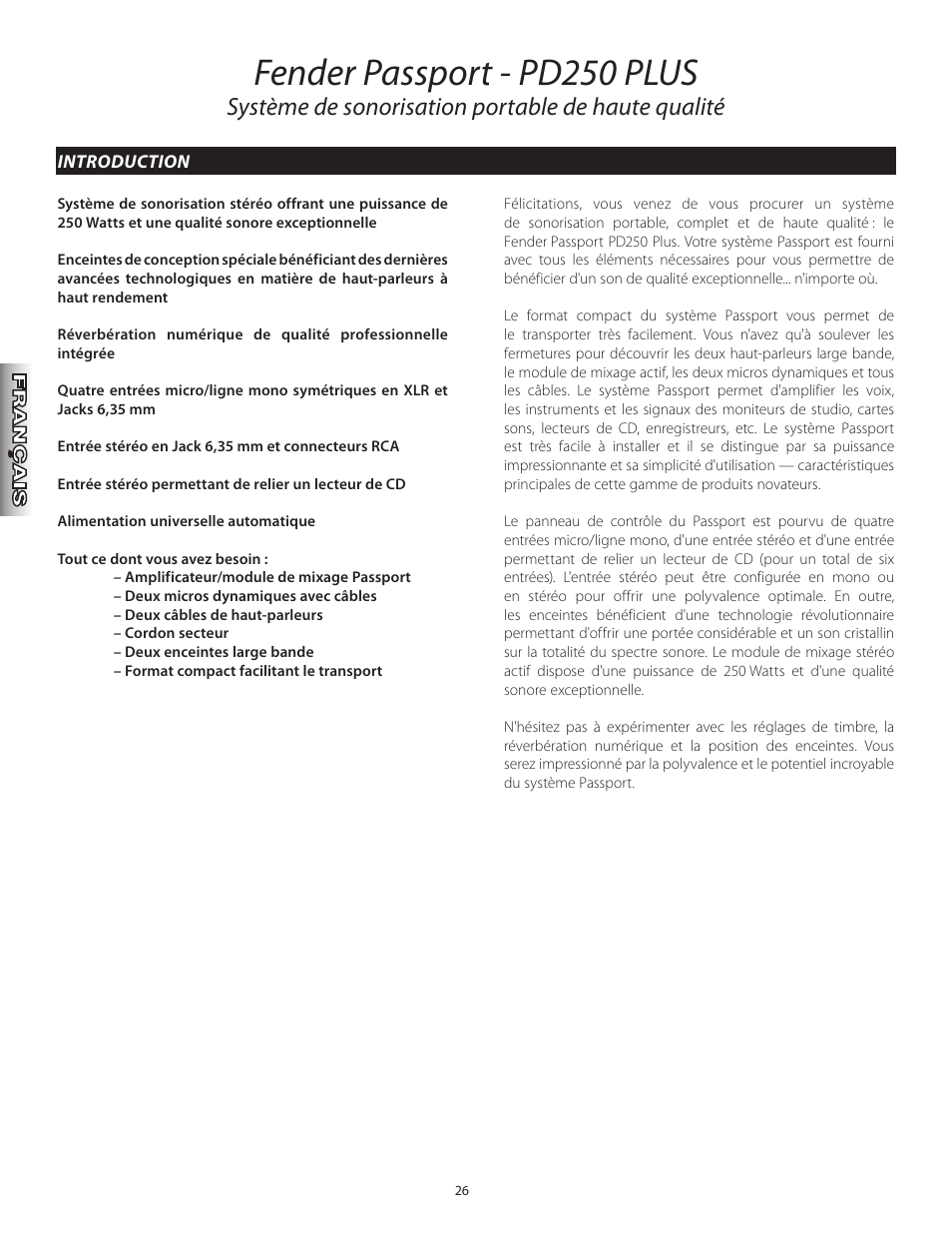 Fender passport - pd250 plus, Système de sonorisation portable de haute qualité | Fender Passport Portable Sound Systems PD250 Plus User Manual | Page 26 / 76