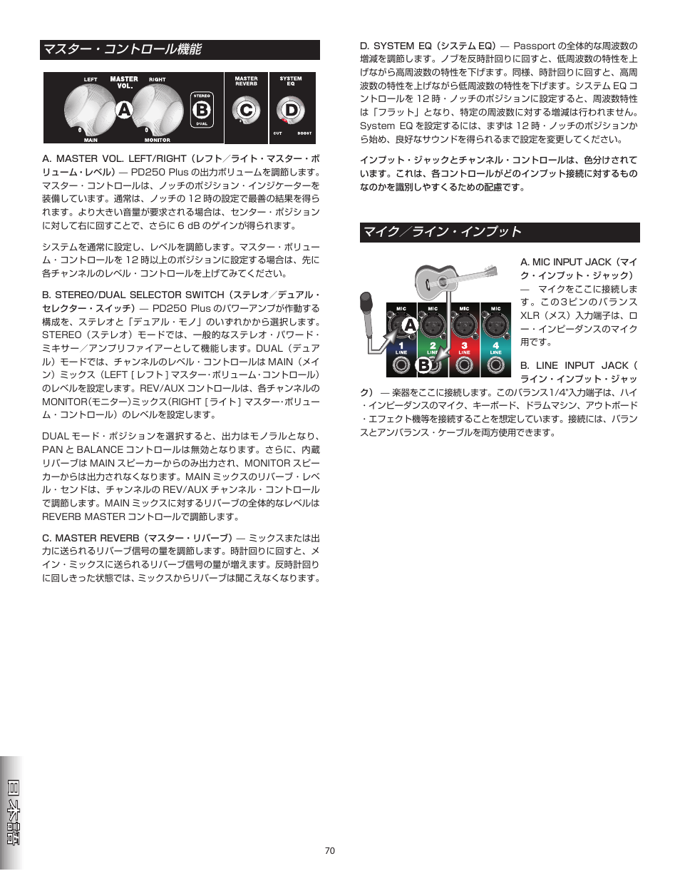 マイク／ライン・インプット, マスター・コントロール機能 | Fender Passport Portable Sound Systems PD250 Plus User Manual | Page 70 / 76