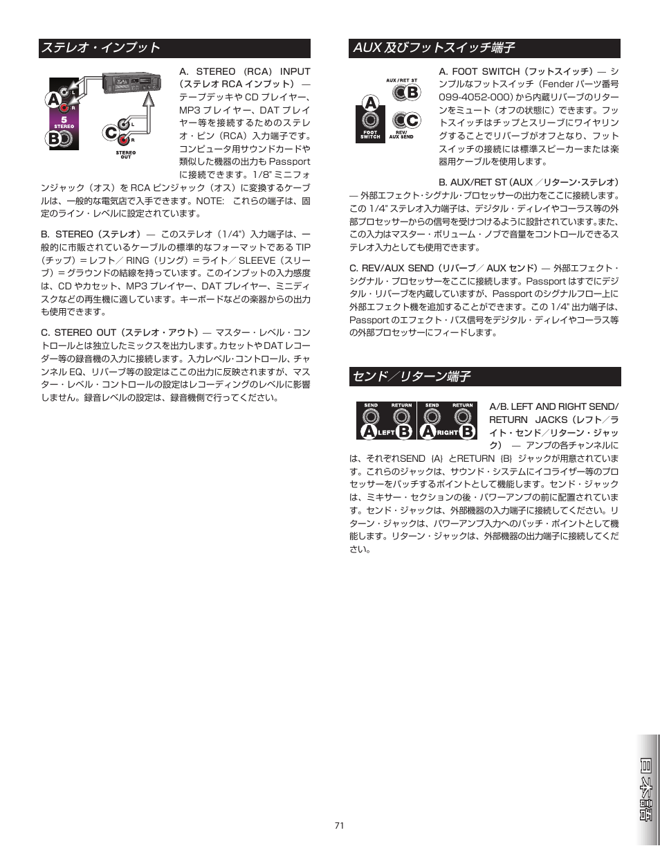 センド／リターン端子, Aux 及びフットスイッチ端子, ステレオ・インプット | Fender Passport Portable Sound Systems PD250 Plus User Manual | Page 71 / 76