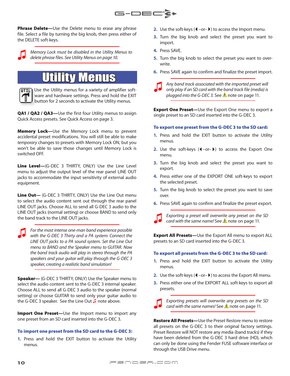 Utility menus | Fender G-DEC 3 User Manual | Page 10 / 14