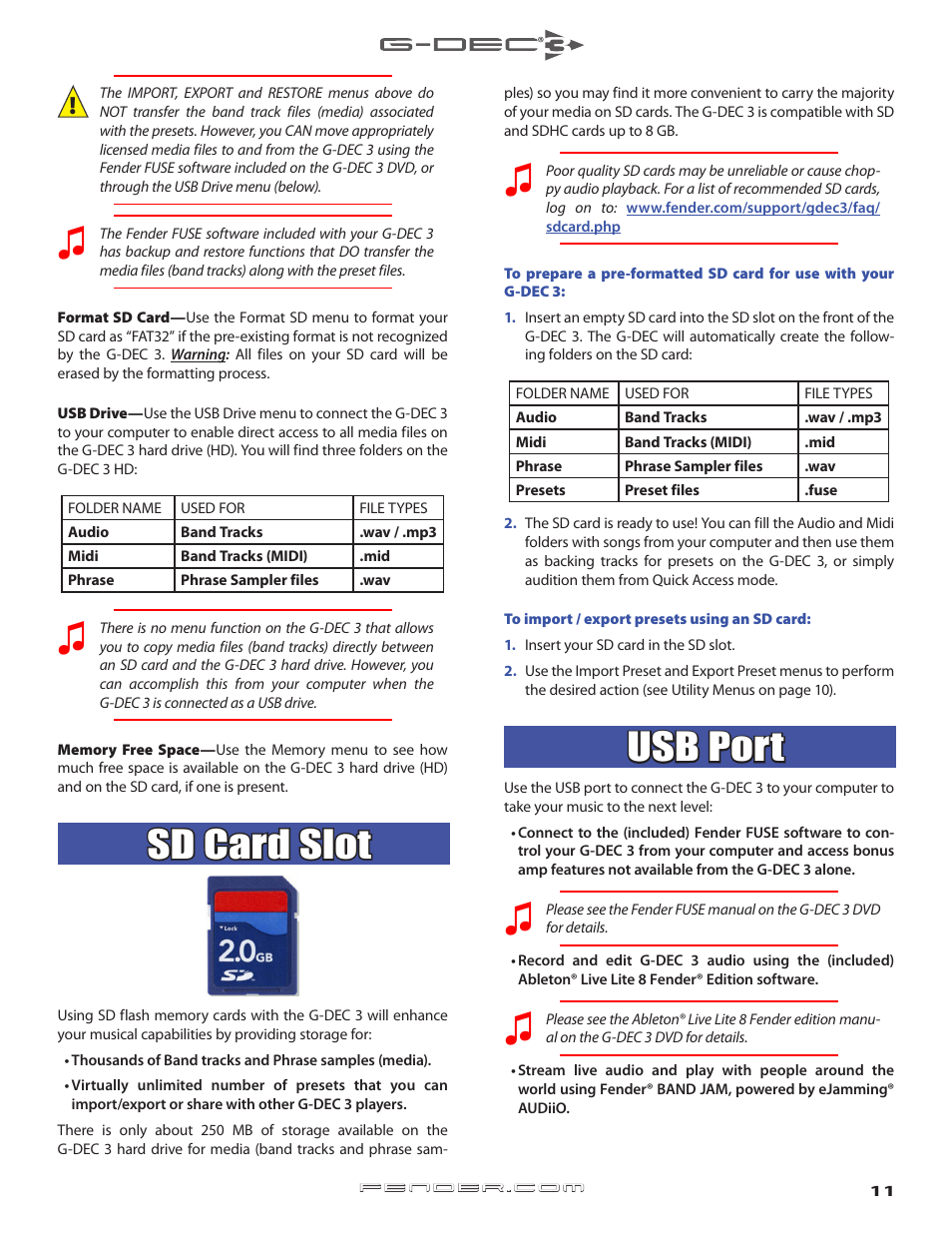 Sd card slot, External storage of tracks and presets, Usb port | Connecting the g-dec 3 to your computer | Fender G-DEC 3 User Manual | Page 11 / 14