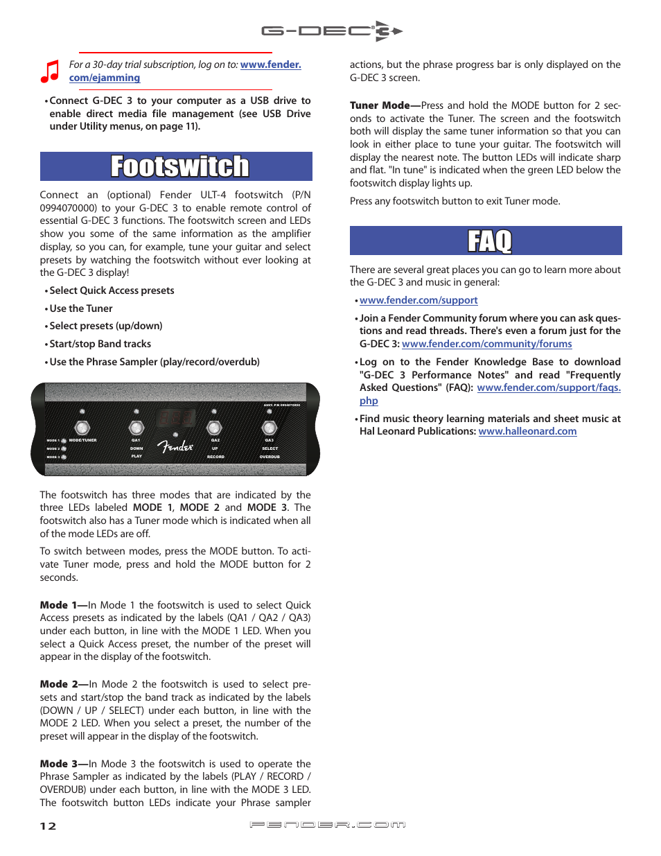 Footswitch, Remote functions using the fender ult-4 footswitch | Fender G-DEC 3 User Manual | Page 12 / 14