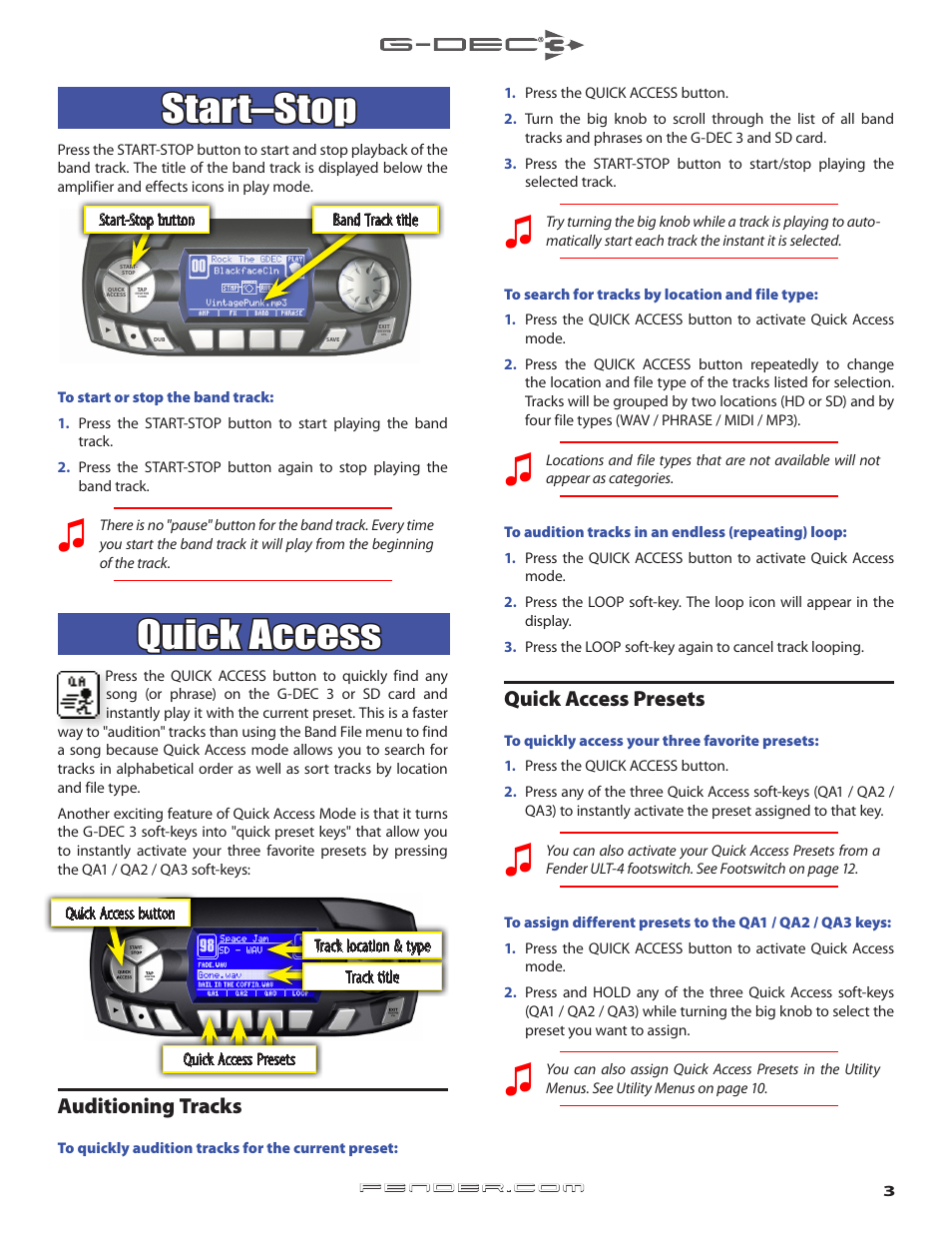 Start-stop button, Band track playback, Quick access | Quick track audition and quick access presets, Start–stop, Auditioning tracks, Quick access presets | Fender G-DEC 3 User Manual | Page 3 / 14