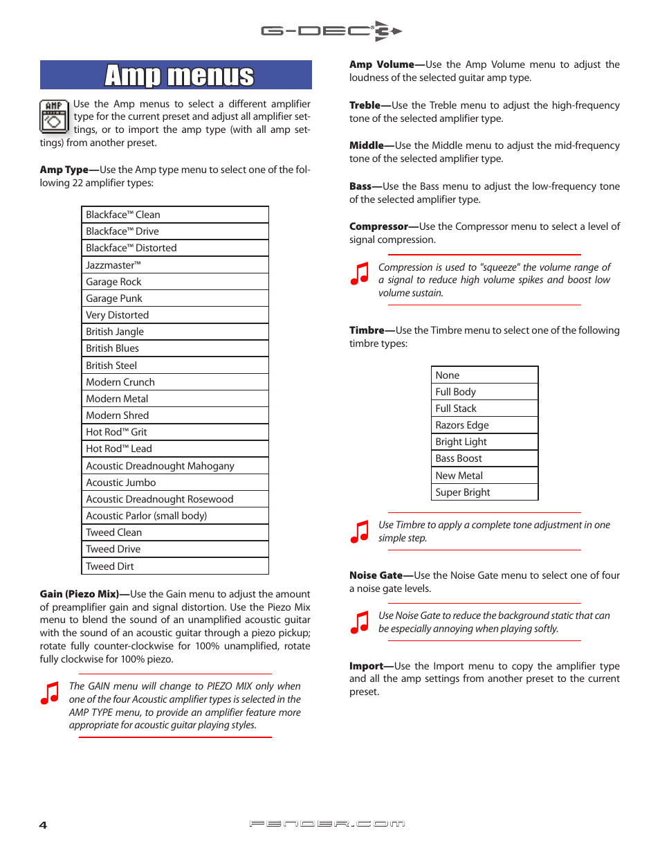 Amp menus, Selecting amp types and advanced amp settings | Fender G-DEC 3 User Manual | Page 4 / 14