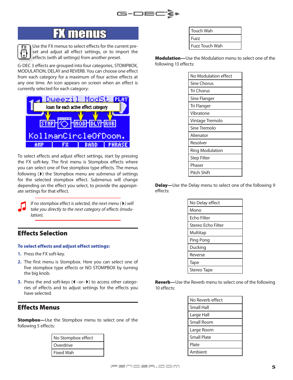 Fx menus, Selecting effects and advanced effect settings, Effects selection | Effects menus | Fender G-DEC 3 User Manual | Page 5 / 14