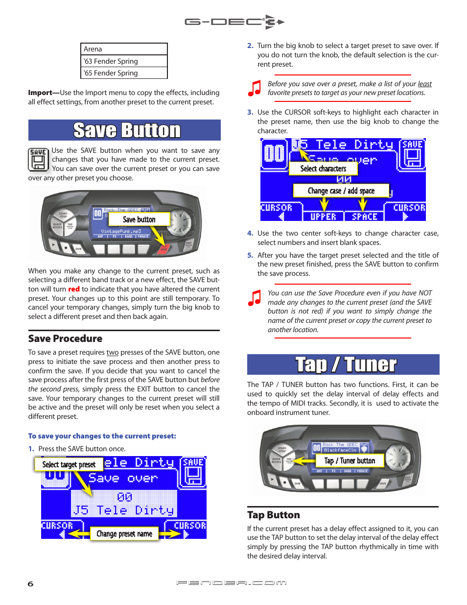 Save button, Saving presets, copying and renaming presets, Tap/tuner button | Tap / tuner, Save procedure, Tap button | Fender G-DEC 3 User Manual | Page 6 / 14