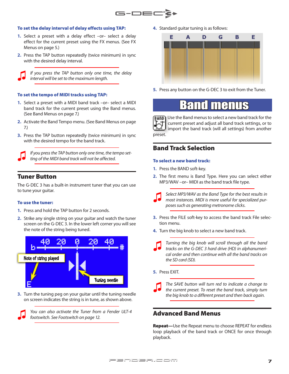 Band menus, Selecting band tracks and advanced band settings, Tuner button | Band track selection, Advanced band menus | Fender G-DEC 3 User Manual | Page 7 / 14