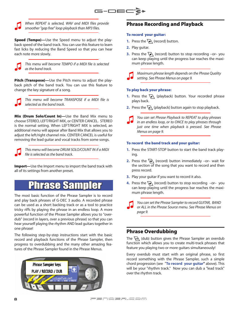 Phrase sampler, Phrase recording, overdubbing and phrase menus, Phrase recording and playback | Phrase overdubbing | Fender G-DEC 3 User Manual | Page 8 / 14
