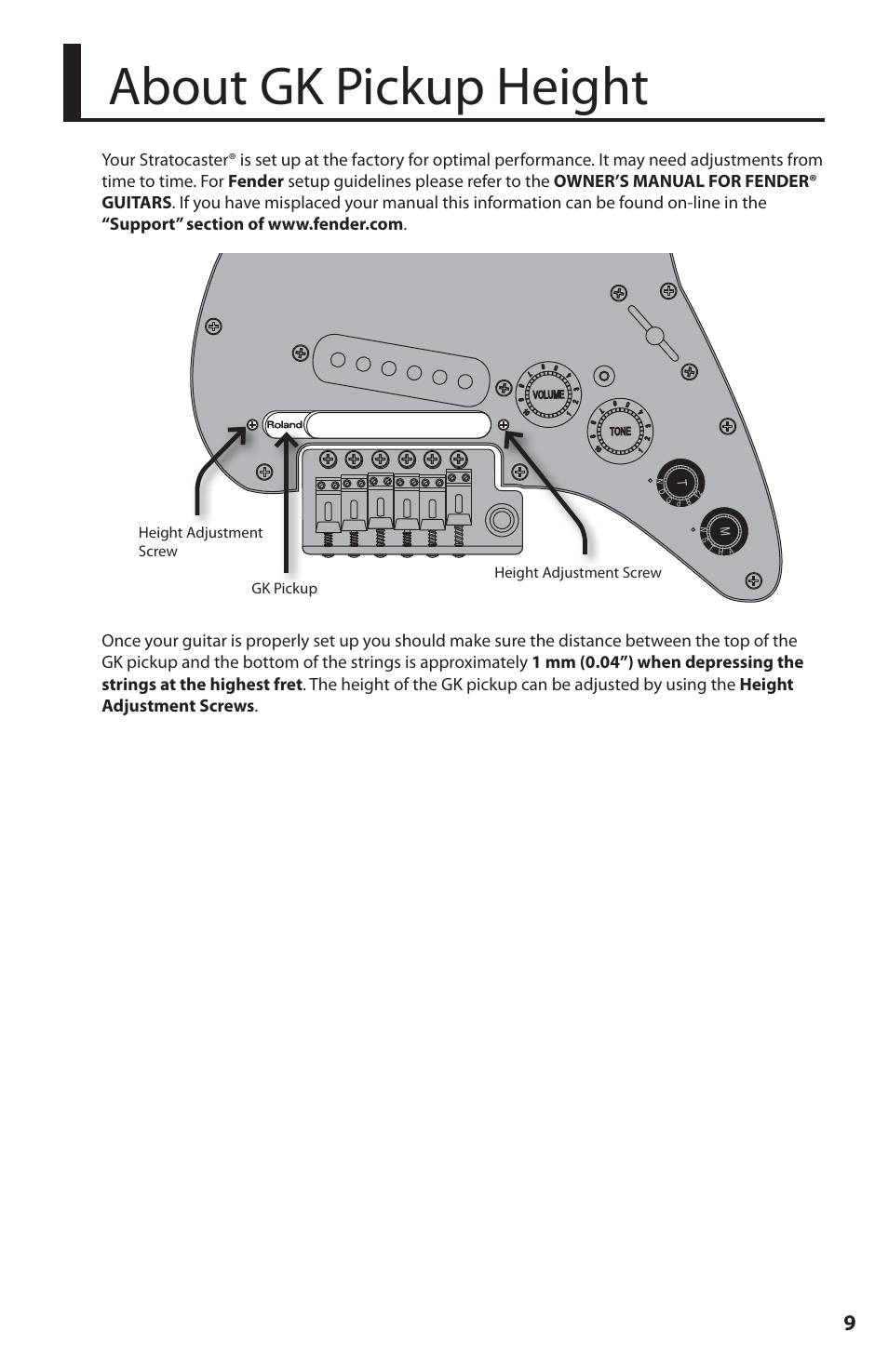 About gk pickup height | Fender Roland G-5 VG Stratocaster User Manual | Page 9 / 18