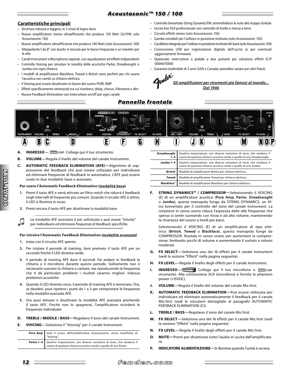 Caratteristiche principali | Fender Acoustasonic 150 User Manual | Page 12 / 20