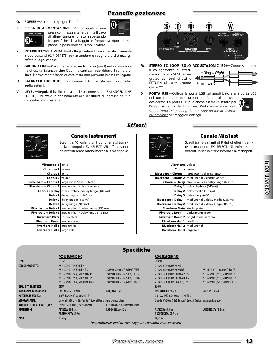 Specifiche, 13 pannello posteriore effetti, Canale instrument | Canale mic/inst | Fender Acoustasonic 150 User Manual | Page 13 / 20