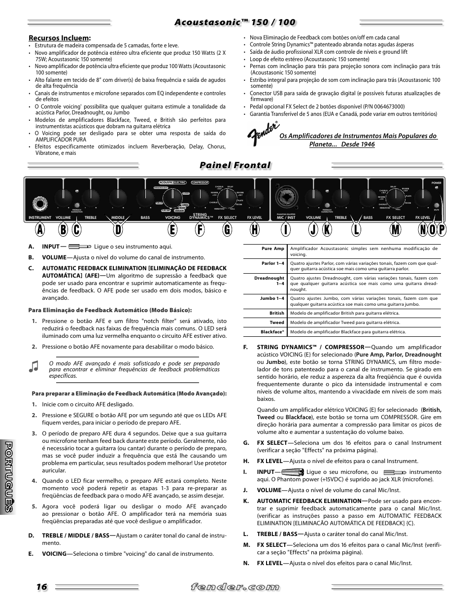Recursos incluem | Fender Acoustasonic 150 User Manual | Page 16 / 20