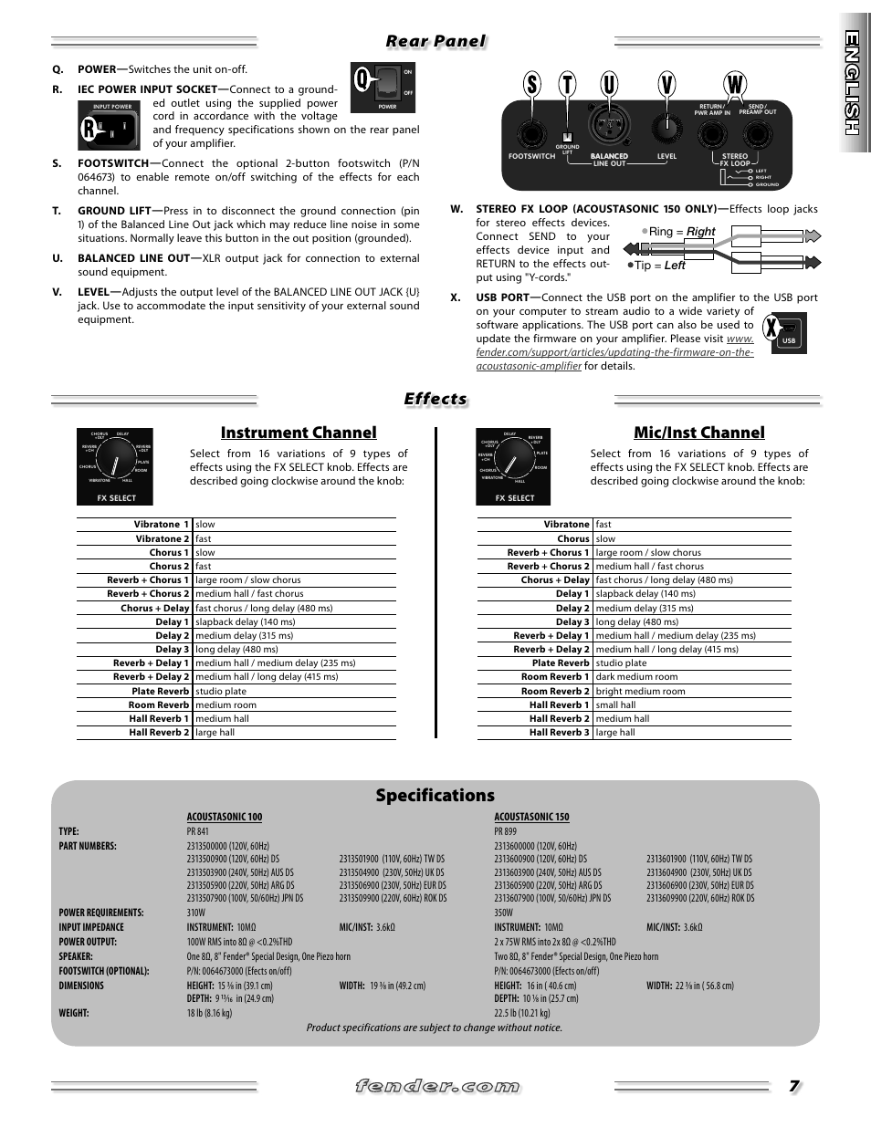 Specifications, 7rear panel effects, Instrument channel | Mic/inst channel | Fender Acoustasonic 150 User Manual | Page 7 / 20