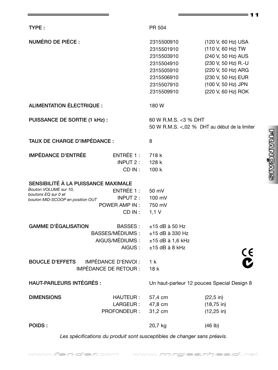 Spécifications | Fender Rumble 60 User Manual | Page 11 / 20