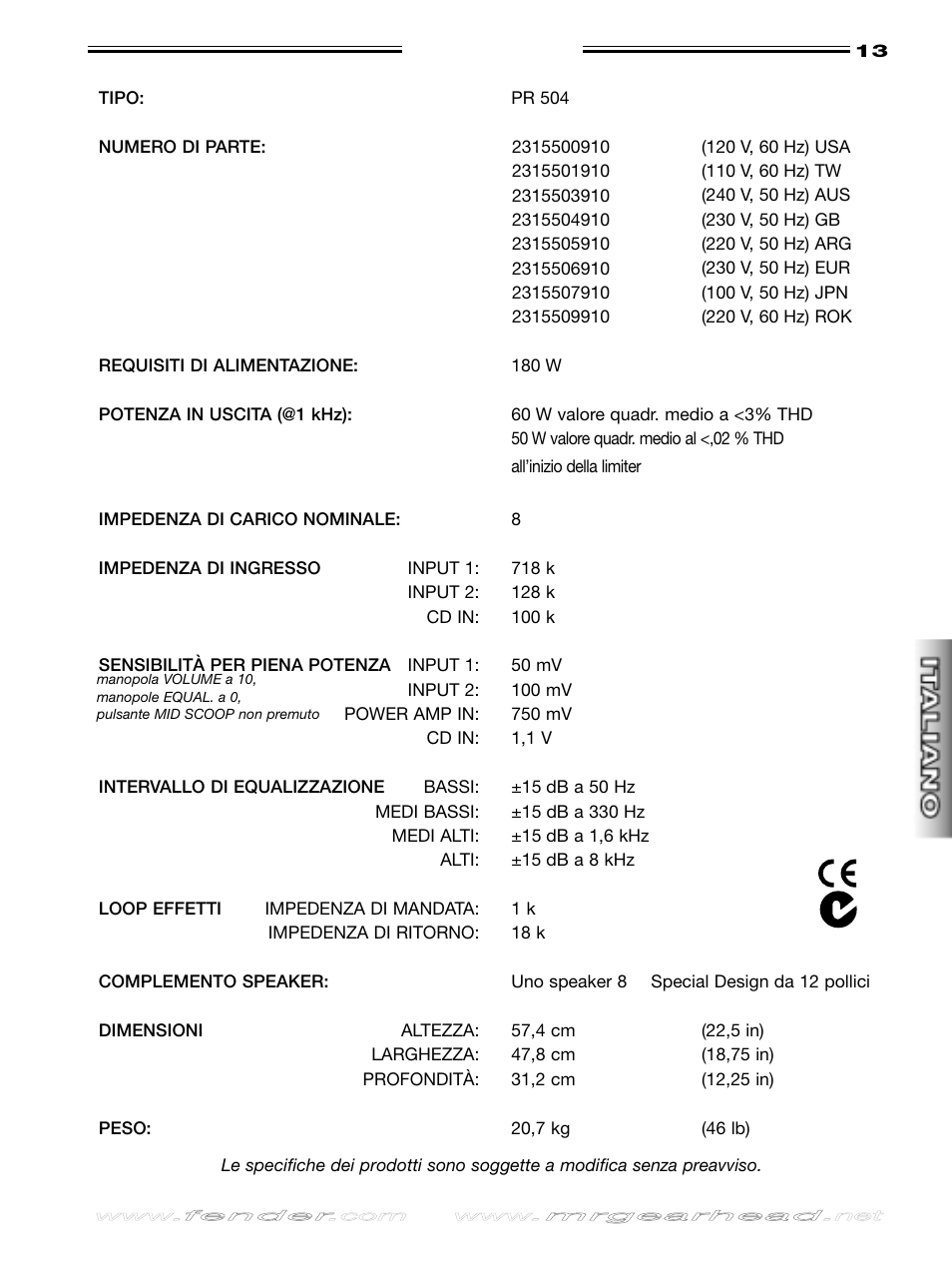 Specifiche | Fender Rumble 60 User Manual | Page 13 / 20