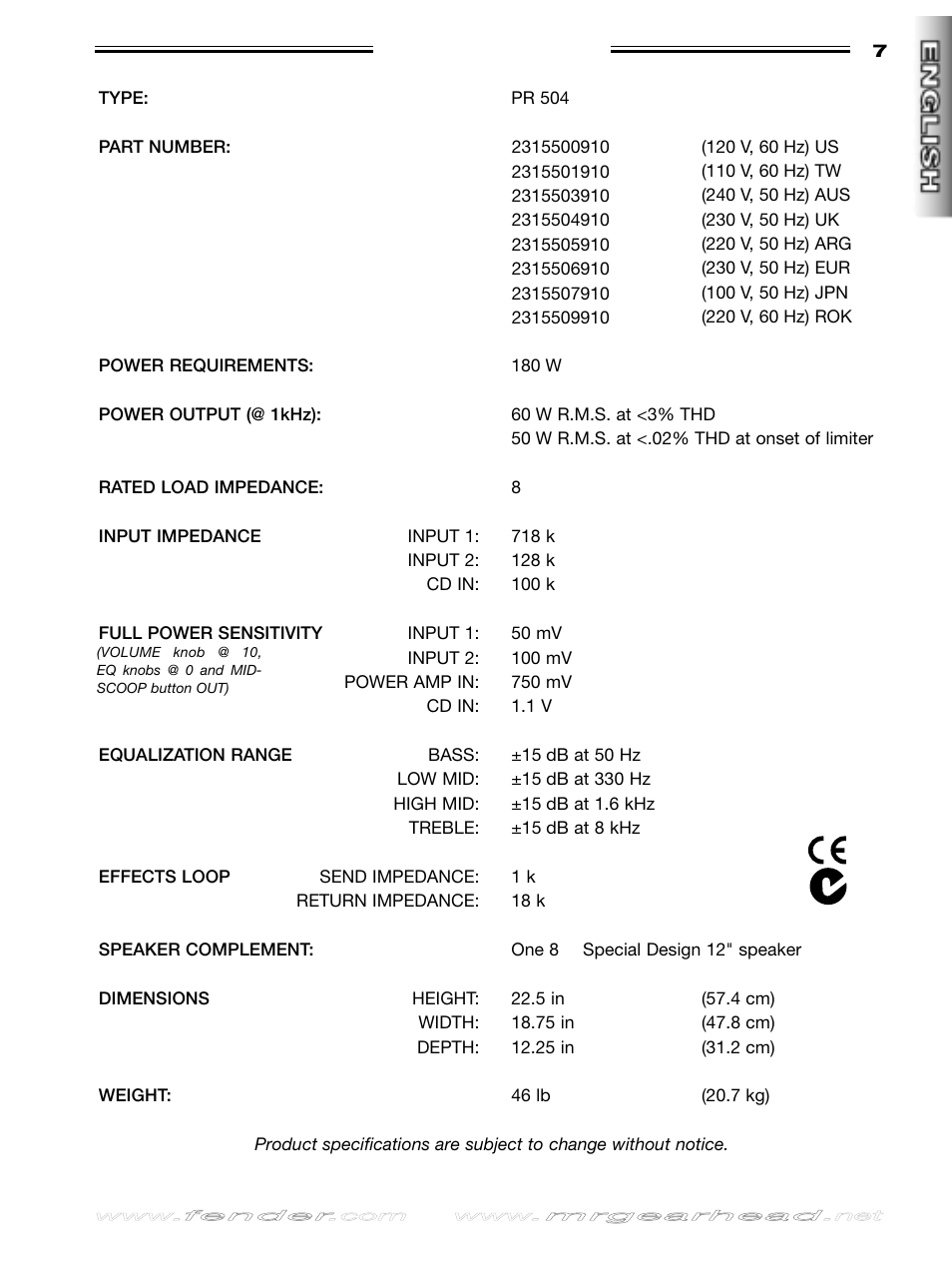 Specifications | Fender Rumble 60 User Manual | Page 7 / 20