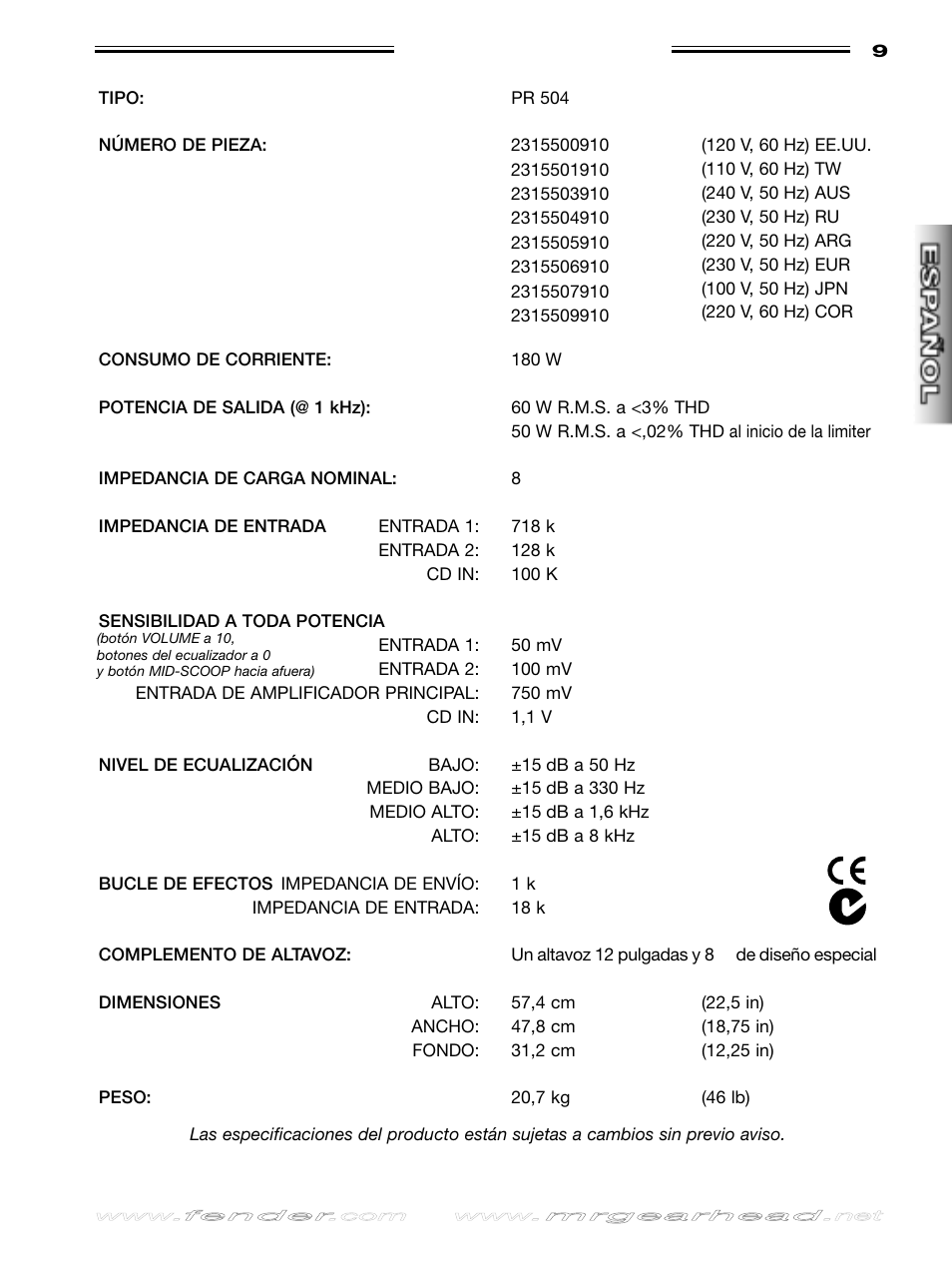 Especificaciones | Fender Rumble 60 User Manual | Page 9 / 20