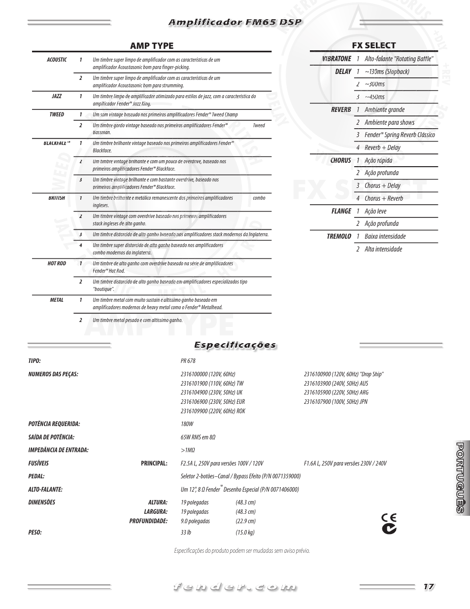 Amp type, Amplificador fm65 dsp fm65 dsp especificações | Fender FM 65 DSP User Manual | Page 17 / 20
