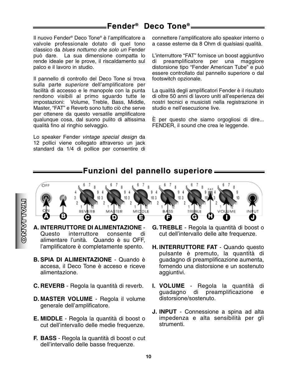 Fender, Deco t, Deco t one one | Funzioni del pannello superiore | Fender Deco Tone User Manual | Page 10 / 16